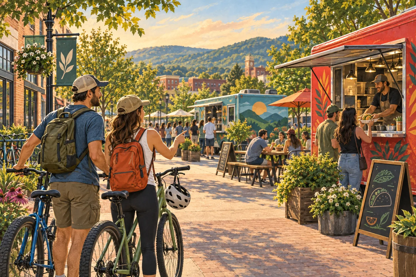 Editorial illustration of two cyclists choosing between food trucks in a walkable Bentonville district