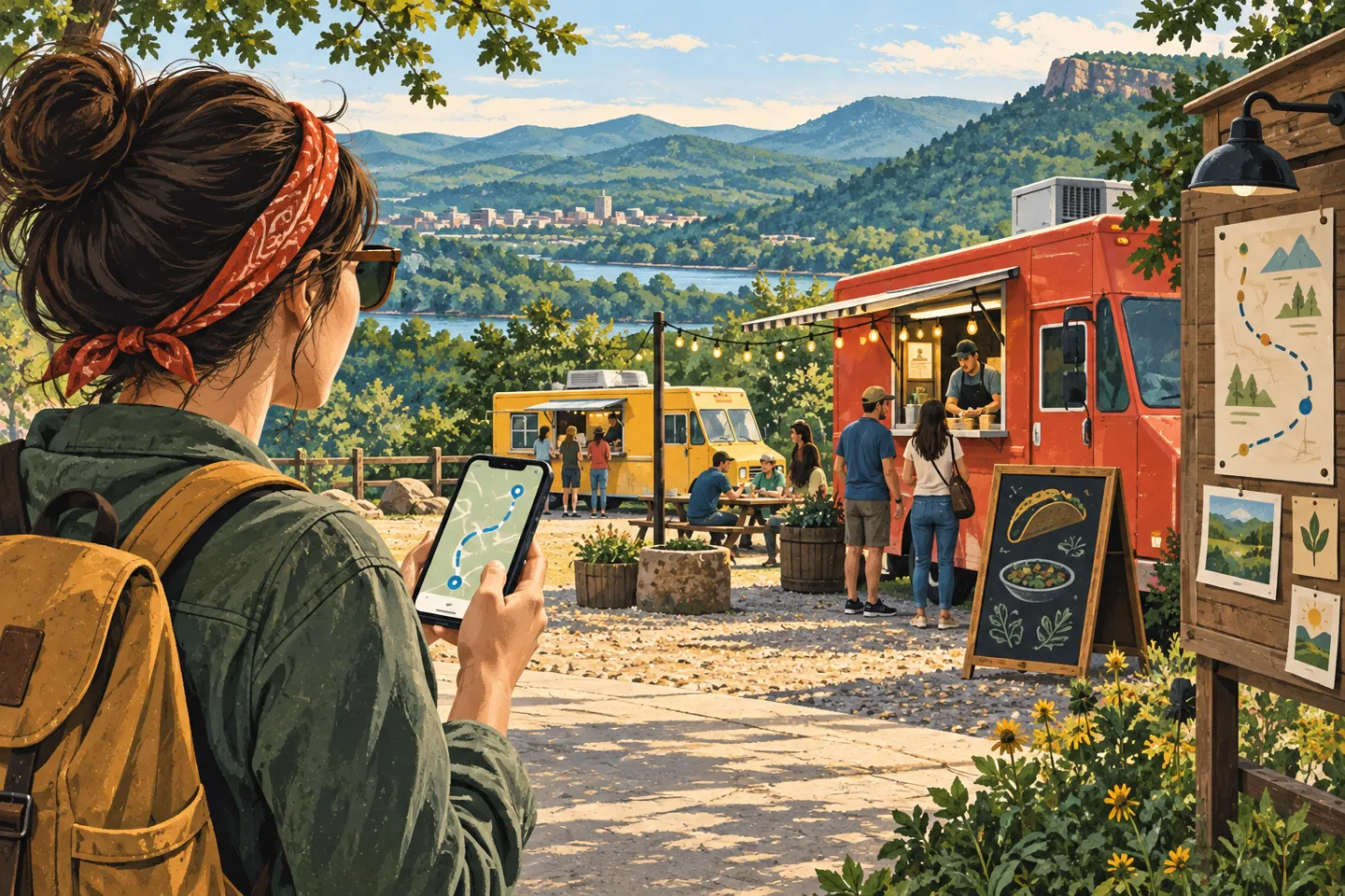 Editorial illustration of a traveler checking a route before visiting Northwest Arkansas food trucks