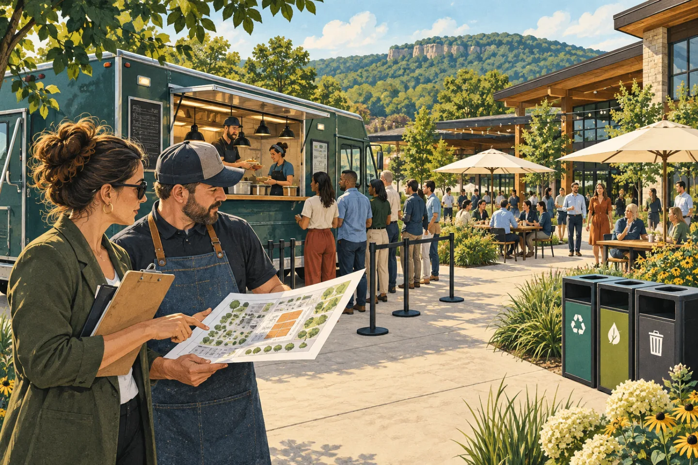 Editorial illustration of an event planner and food-truck vendor reviewing a catering site plan