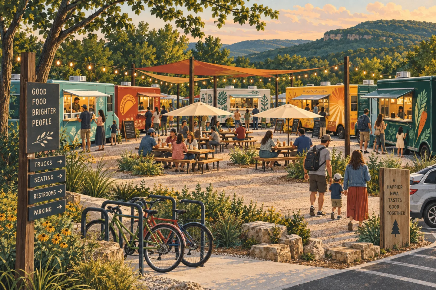 Editorial illustration showing the layout and shared seating of a Northwest Arkansas food-truck park