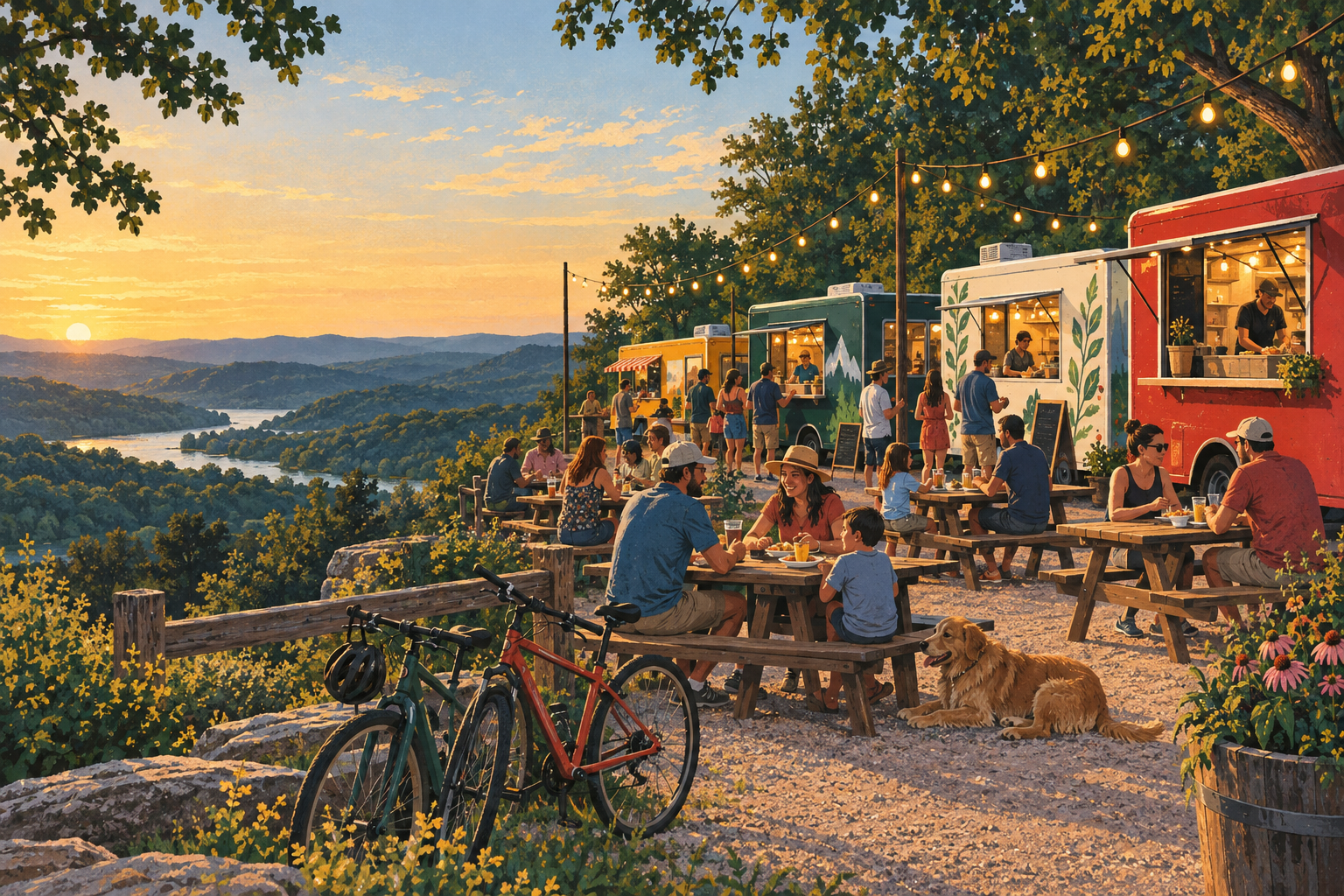Editorial illustration of a Northwest Arkansas food-truck gathering in the Ozark hills