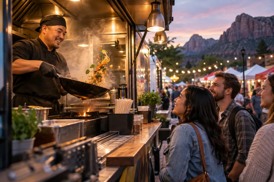 A chef cooking with a wok inside a Springdale food truck