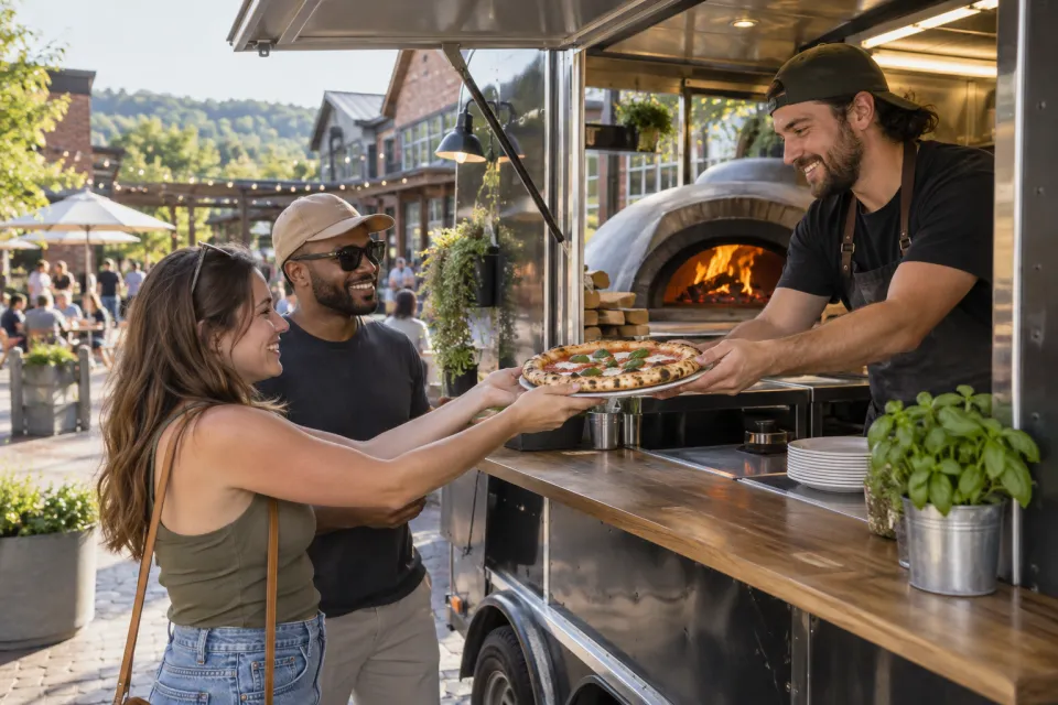 Friends receiving wood-fired pizza from a mobile pizza trailer in a Bentonville market district