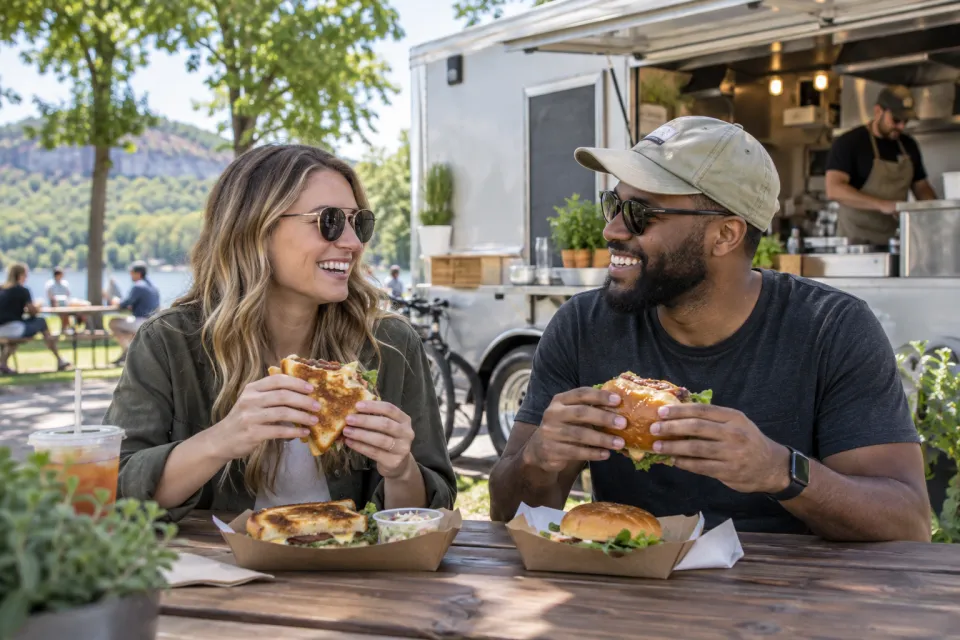 Friends sharing creative toasted sandwiches beside a modern food truck