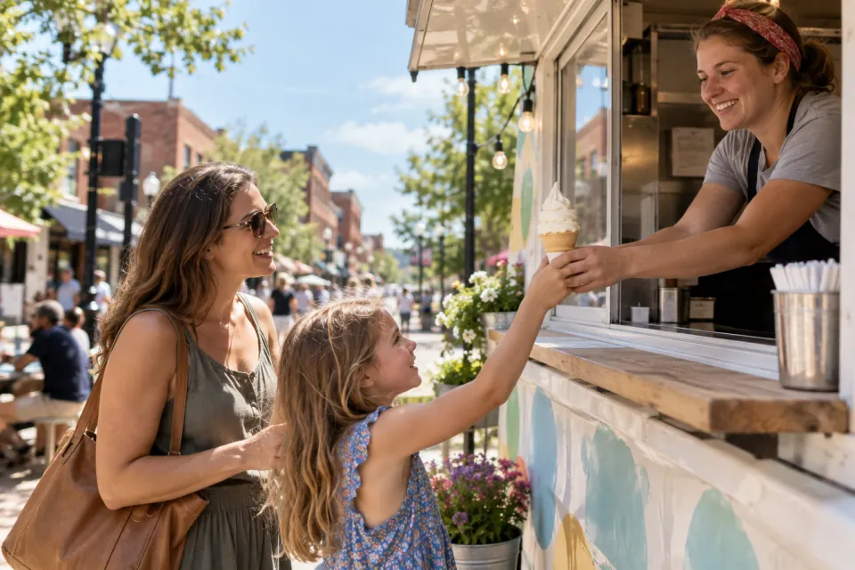 A parent and child receiving soft-serve ice cream from a creamery truck