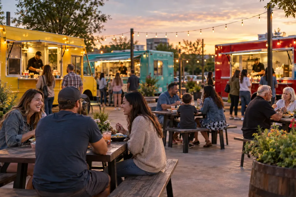 People dining among several food trucks at a Rogers gathering place