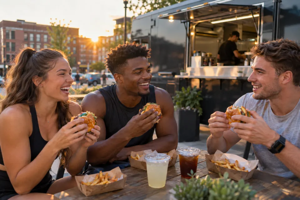 Friends enjoying burgers beside a modern Fayetteville food truck
