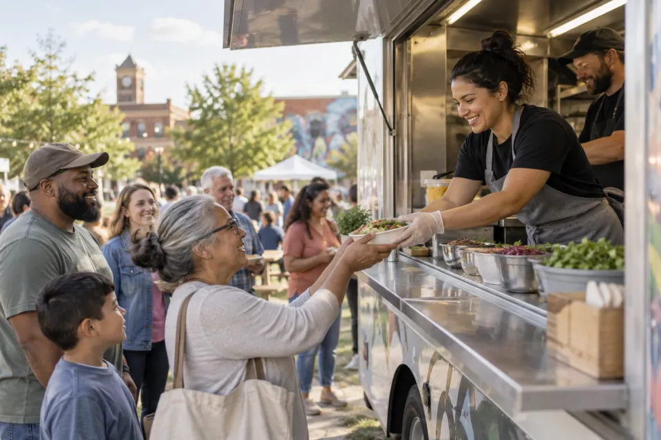 Community volunteers serving meals from a food truck at an outdoor gathering
