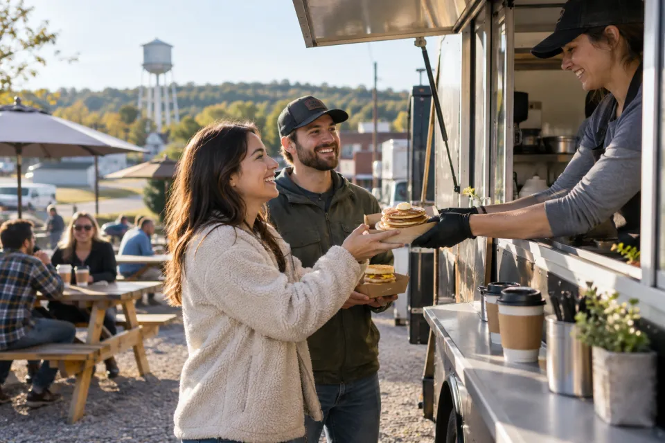 Friends ordering breakfast from a food truck on a sunny morning