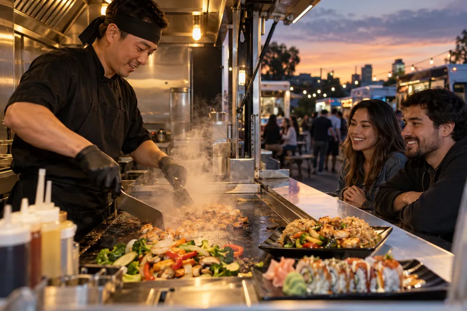 A hibachi chef cooking on a food-truck grill while customers watch