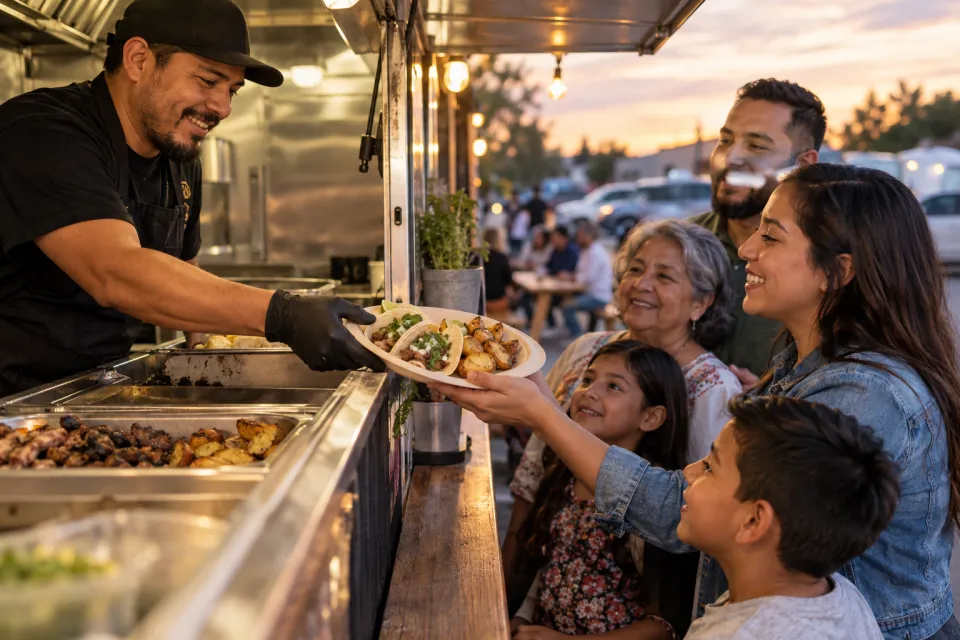 A cook serving grilled tacos and potatoes to a family in Centerton