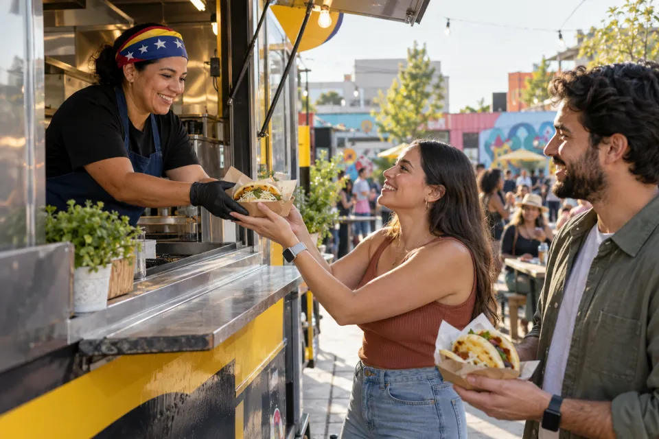A vendor serving Venezuelan arepas at a Springdale food truck