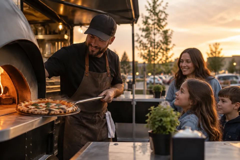 A pizza maker serving a family from a Centerton food trailer