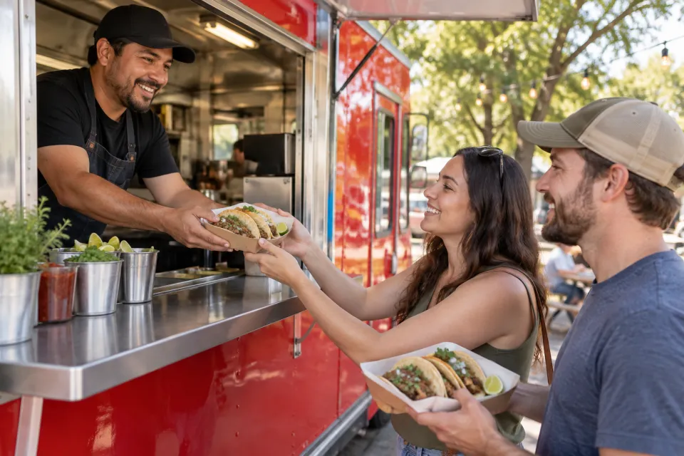 Friends receiving street tacos from a modern food truck