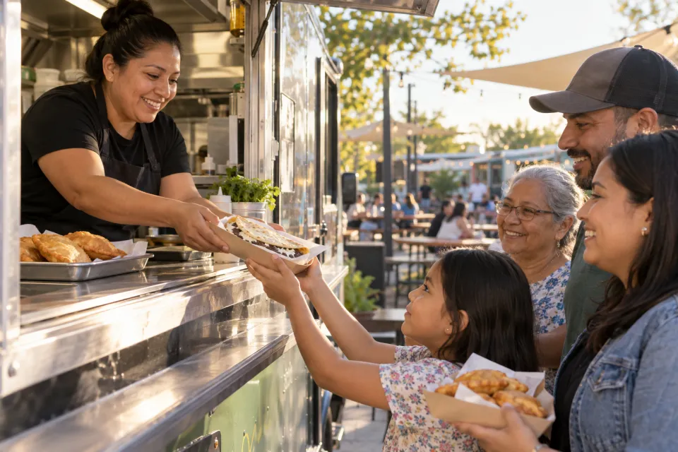 A multigenerational family receiving Honduran food from a food-truck vendor