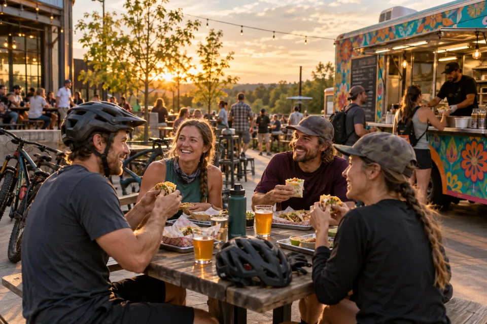Cyclists enjoying tacos and burritos beside a Bentonville food truck