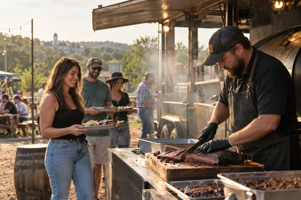 A pitmaster serving barbecue from a smokehouse trailer