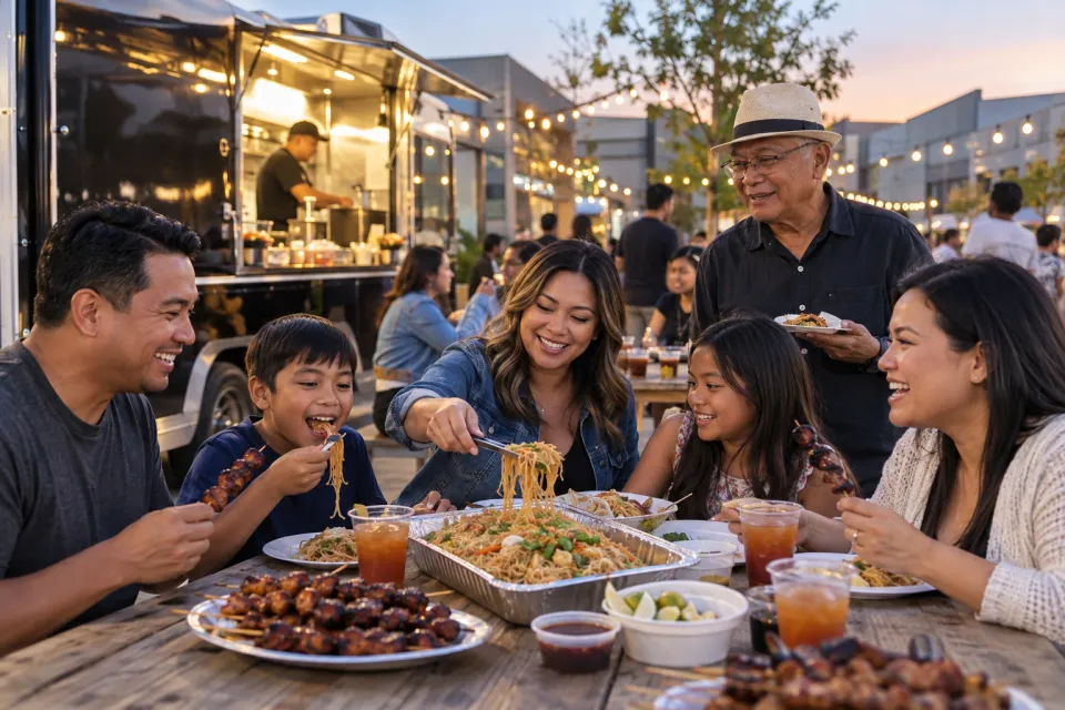 Family and friends sharing Filipino food beside a Rogers food truck