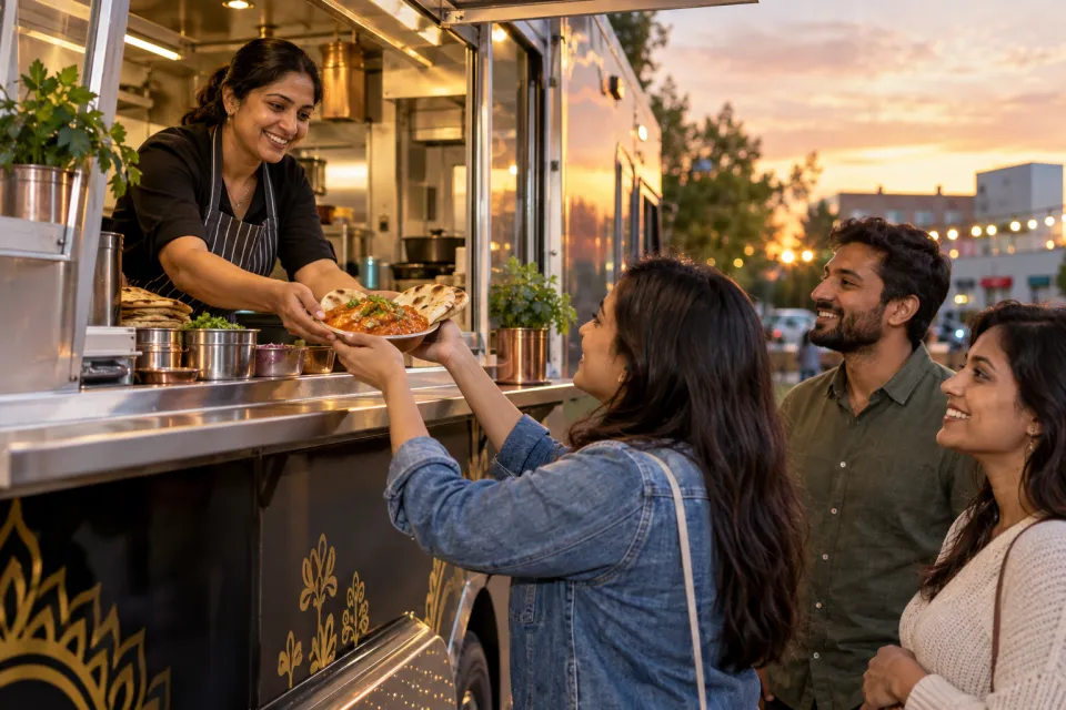 A vendor serving North Indian curry and naan from a Bentonville food truck