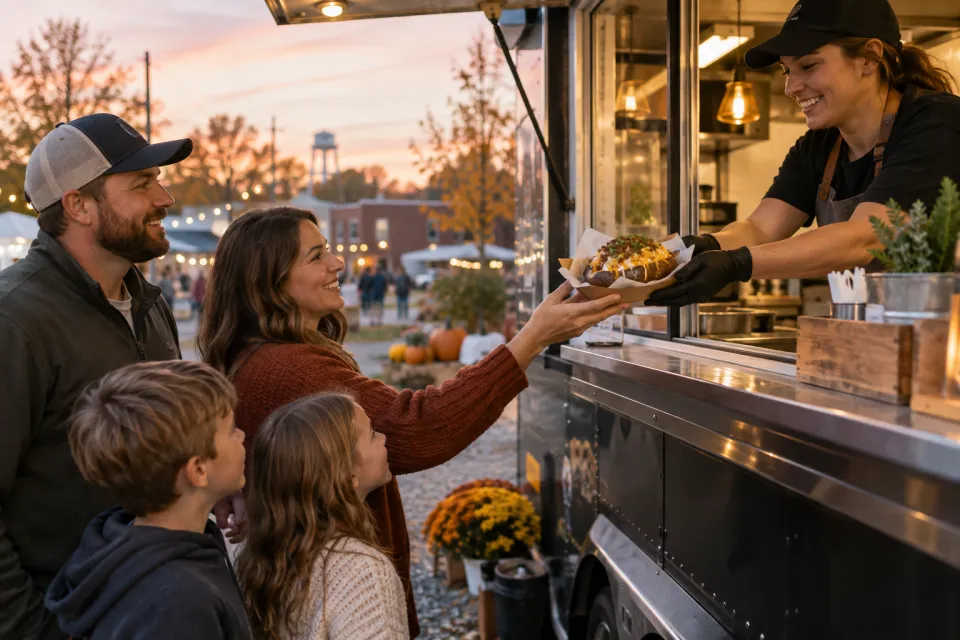 A family receiving loaded potatoes from a Pea Ridge food trailer