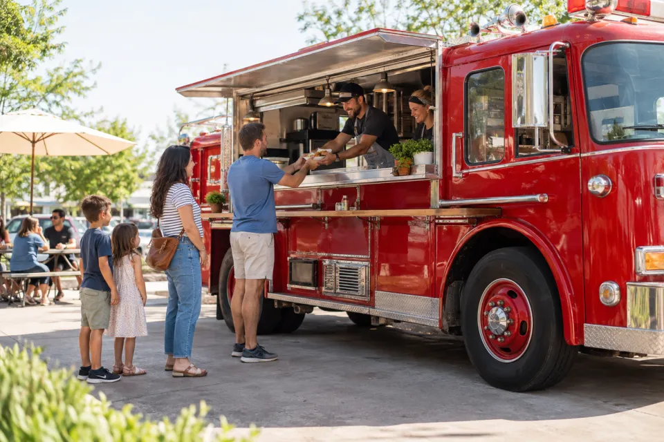 Families ordering American comfort food from a converted fire-engine food truck