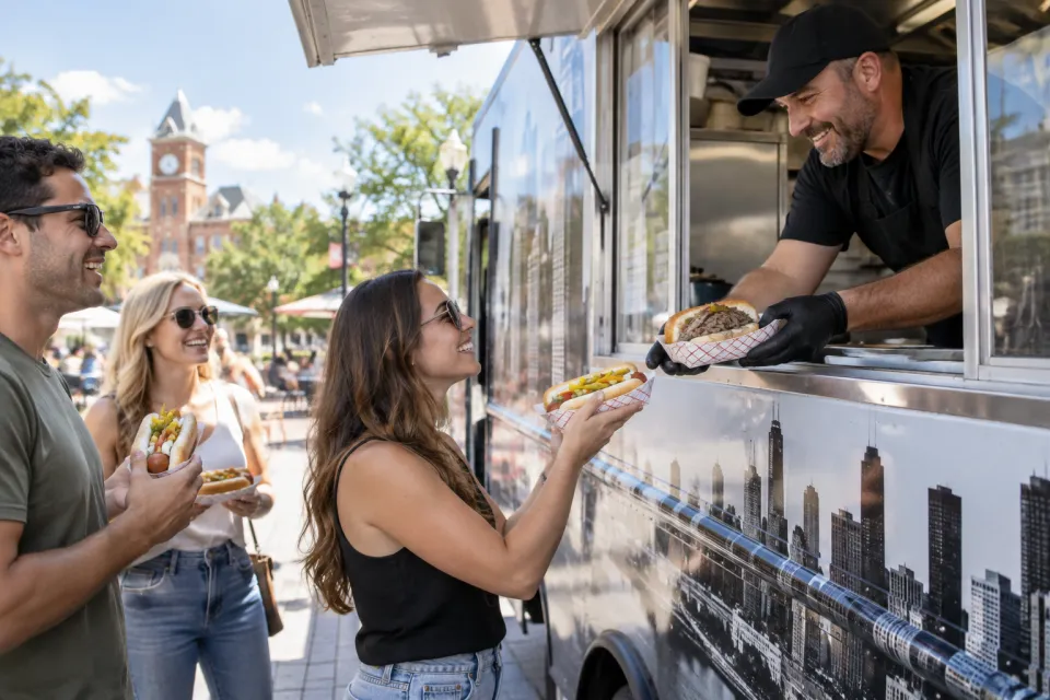 Friends receiving Chicago-style street food from a Bentonville food truck