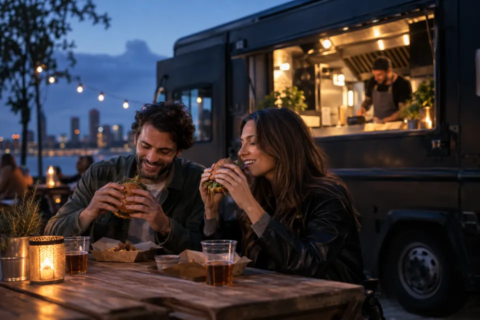 A couple sharing gourmet burgers beside a dark food truck at blue hour