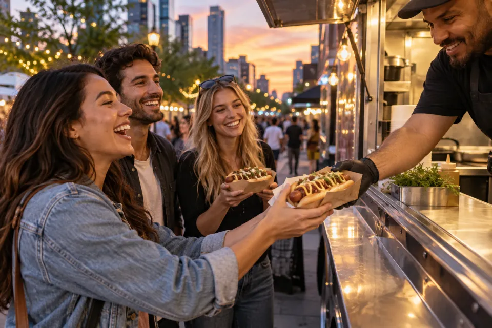 Friends receiving loaded hot dogs at an evening food-truck counter