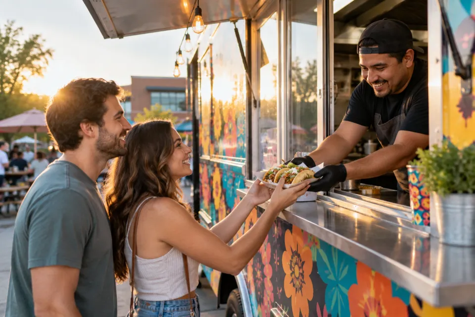 A cook serving tacos to customers at a colorful Mexican food truck